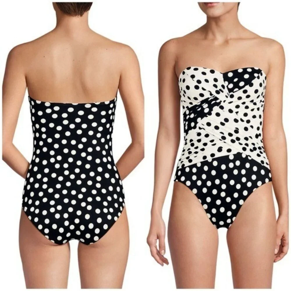LANDS END SlenderSuit Wrap Bandeau One Piece Polka Dot Strapless Swimsuit